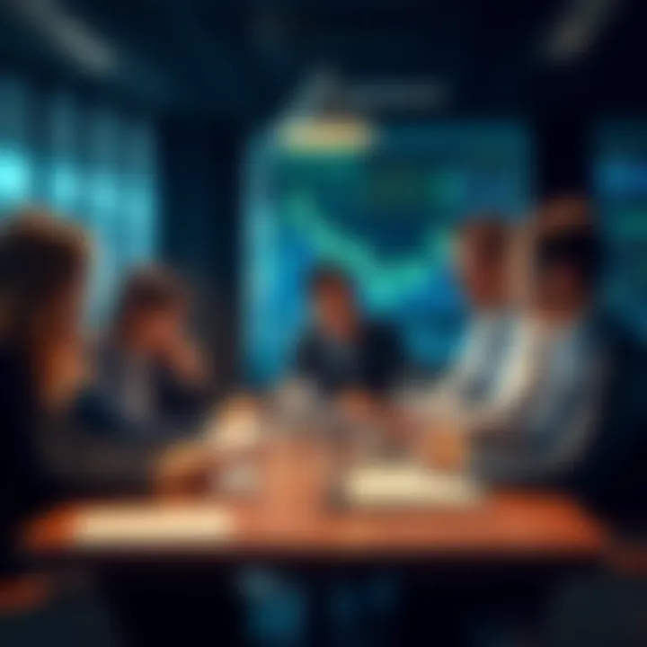 A group of financial professionals engaged in a meeting, analyzing the impact of a public relations crisis.