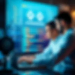 Two developers discussing a blockchain project with code on a laptop screen, representing partnership in tech innovation.