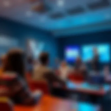 Blockchain Education at Major Institutions Students in a classroom learning about blockchain technology with a professor presenting.