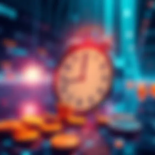 Blockchain Technology Illustration Illustration showing fast transactions in a blockchain network with digital coins and a clock symbolizing speed.