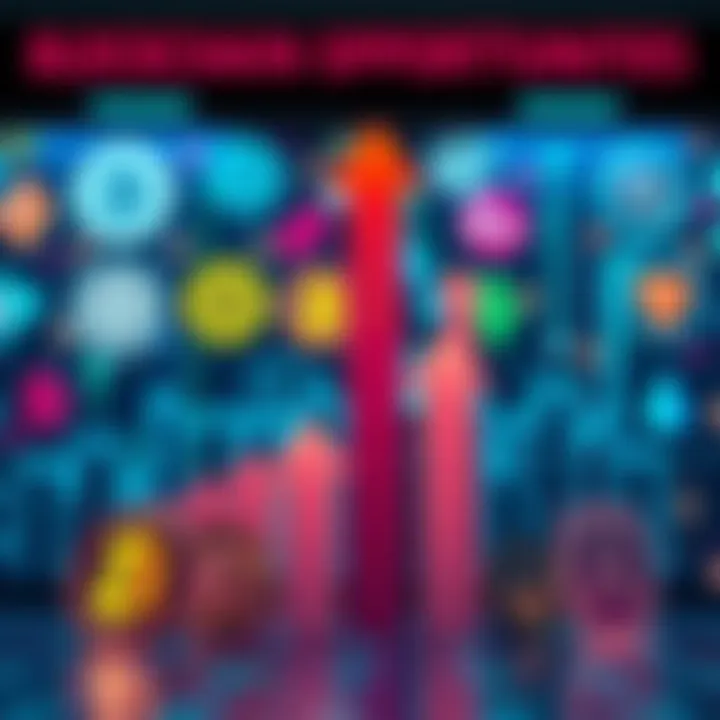 A graphic showing various blockchain logos with upward arrows indicating growth and investment potential.