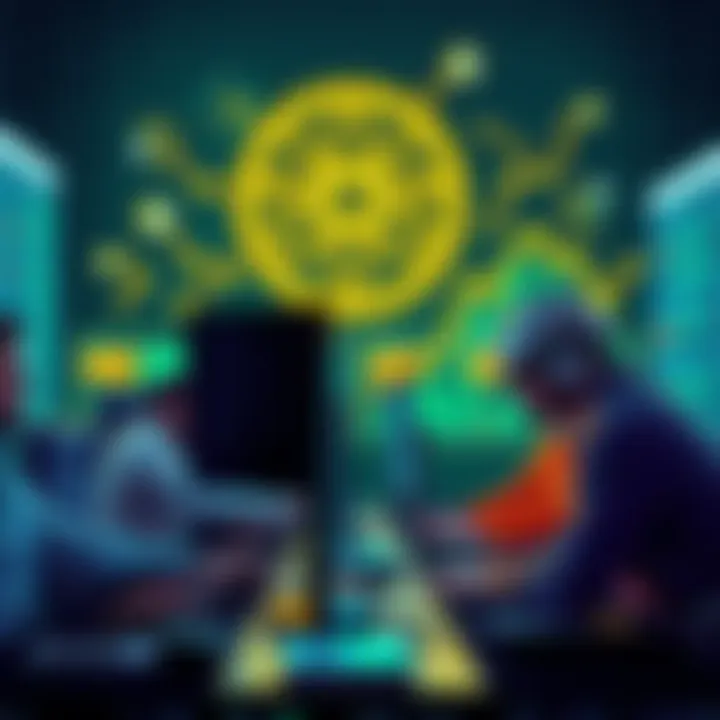 Group of people working on computers, setting up a blockchain network, with graphics showing data flow and transactions in the background.