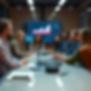A group of diverse professionals discussing blockchain technology at a conference table with digital graphs on screens in the background