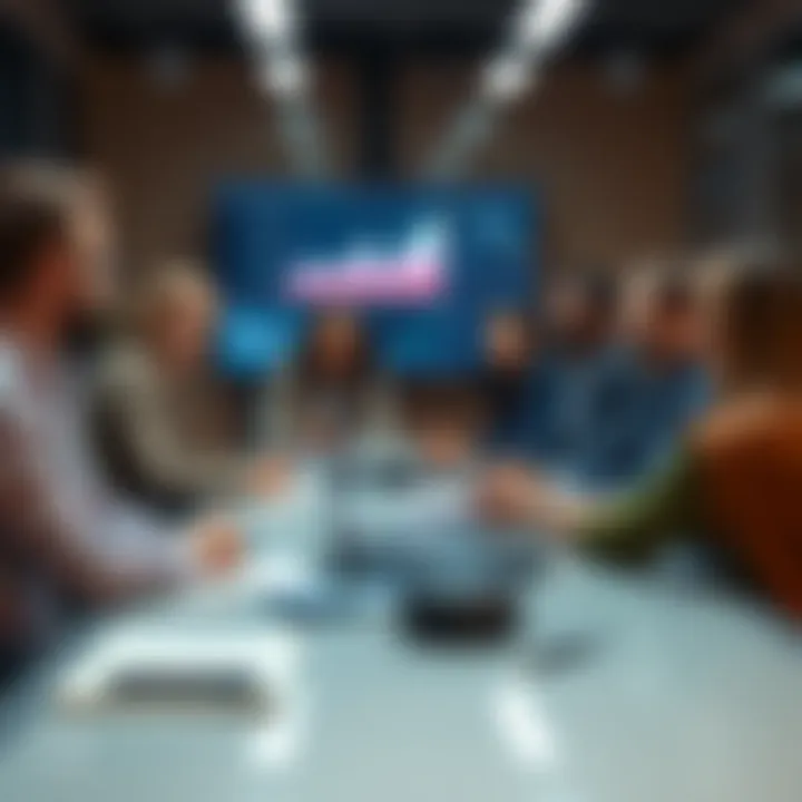 A group of diverse professionals discussing blockchain technology at a conference table with digital graphs on screens in the background