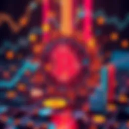 A visual representation of blockchain technology disrupting traditional finance, showing digital currency symbols and modern finance graphics.