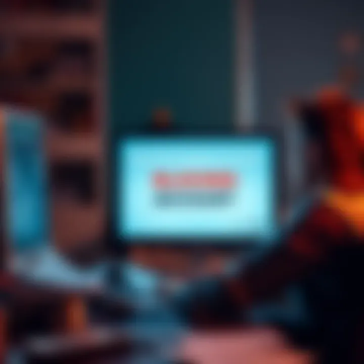A frustrated business owner looking at a computer screen displaying a blocked account message, with paperwork scattered on the desk.