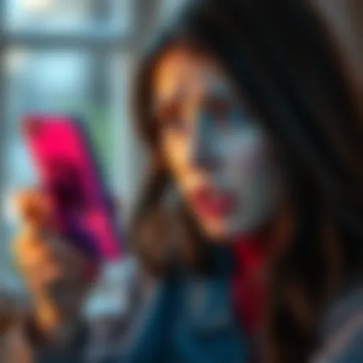 A worried woman looks at her phone, shocked by a message about her sister's blocked Revolut account, with a troubled expression on her face.