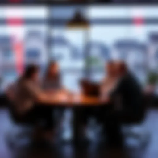 A group of people discussing blocked transfers at a round table with laptops and coffee cups