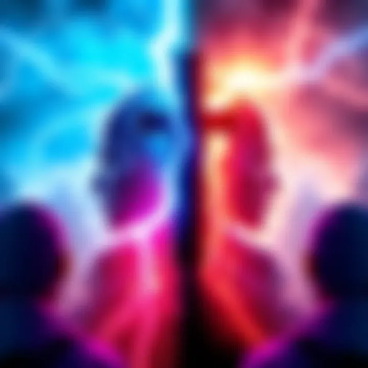 A visual representation of the Blocksize War showing a split in opinions with a lightning bolt symbolizing the Lightning Network.