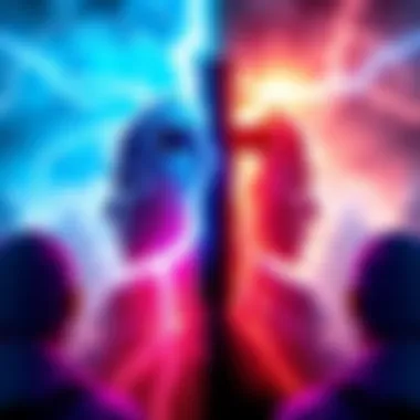 Blocksize War and Lightning Network A visual representation of the Blocksize War showing a split in opinions with a lightning bolt symbolizing the Lightning Network.