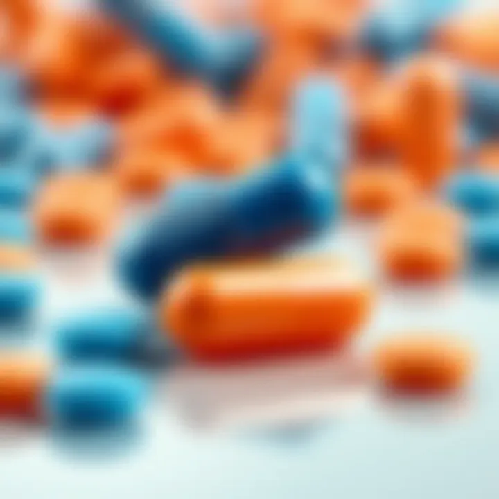 A close-up view of a blue pill and an orange pill sitting on a reflective surface, symbolizing choices and decisions.