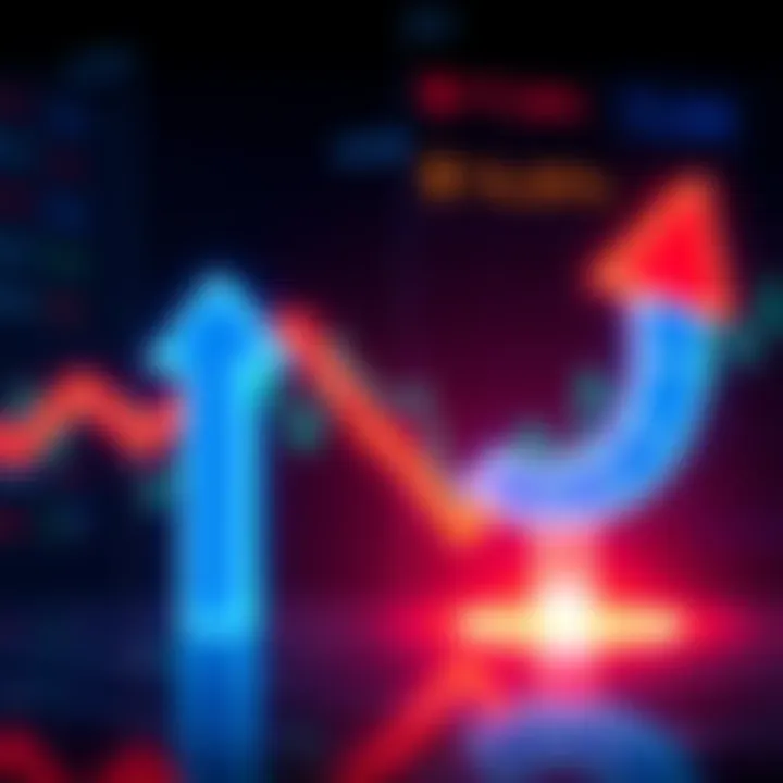 A visual representation of mixed market signals related to Blue Horseshoe, featuring upward and downward arrows along with stock market graphs.