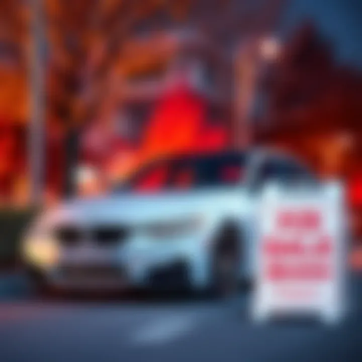 A BMW parked with a for sale sign indicating a no reserve auction