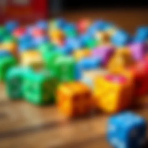 A close-up view of various colored board game dice scattered on a wooden table, showing their faces with different numbers facing up.