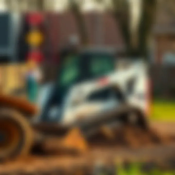 A Bobcat 300 used for landscaping, showing workers using the machine to move dirt and rocks in a yard.