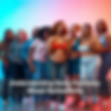 A diverse group of people of different sizes and shapes celebrating body positivity, with a focus on breast representation. They are smiling and embracing one another in a supportive environment.