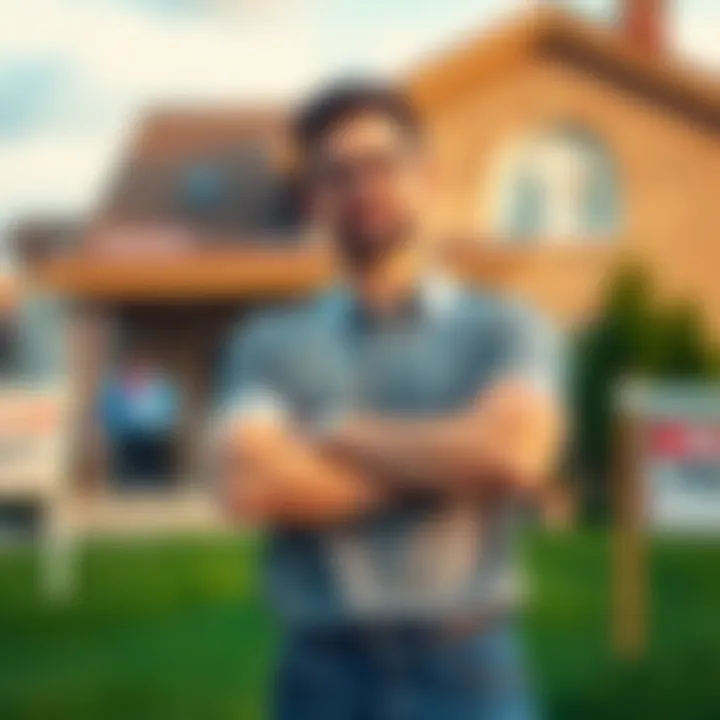 A person standing confidently with arms crossed, symbolizing a strong refusal to sell property. Background shows a house and signs indicating ownership.
