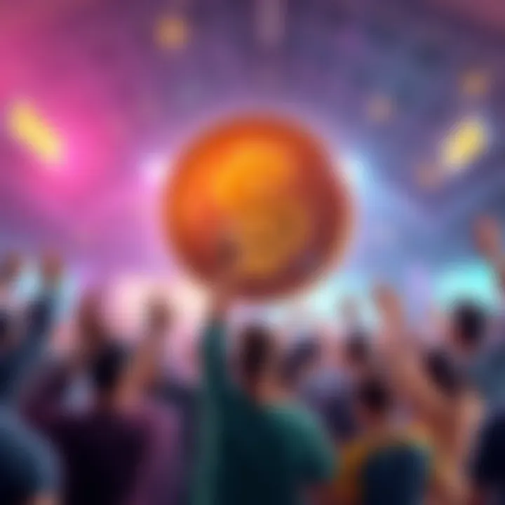 A vibrant graphic representing the $BONK meme coin with a community theme, featuring excited people engaging with the coin.