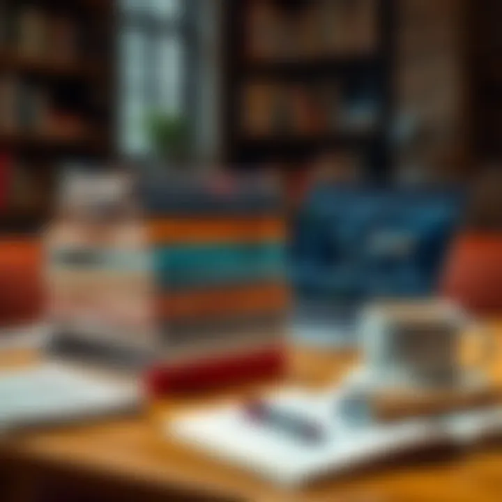 A stack of books on a table with a laptop and coffee, representing learning about decentralized finance and blockchain technology.