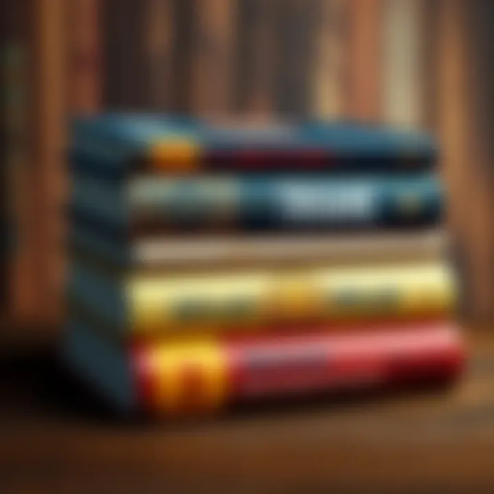 Books on Bitcoin Finance A collection of four books stacked, each with a unique cover related to Bitcoin and finance, symbolizing knowledge for financial future.