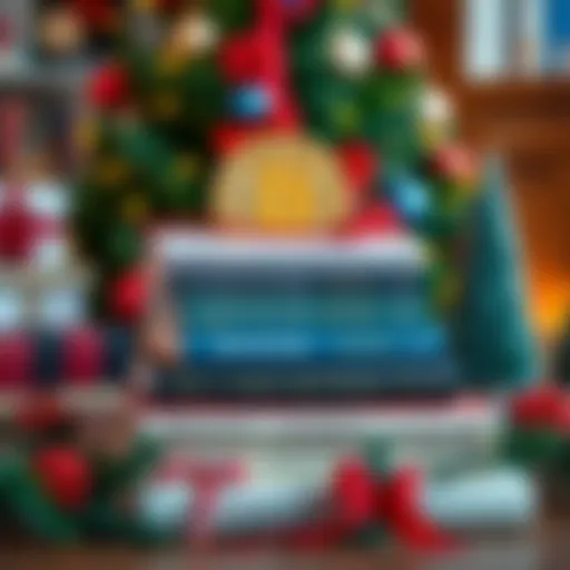 A stack of books about Bitcoin with holiday decorations around them, including a Christmas tree and ornaments.