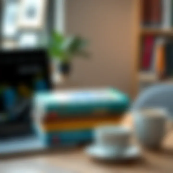 Books about DeFi for beginners A stack of beginner-friendly books on decentralized finance with a laptop and coffee cup on a table