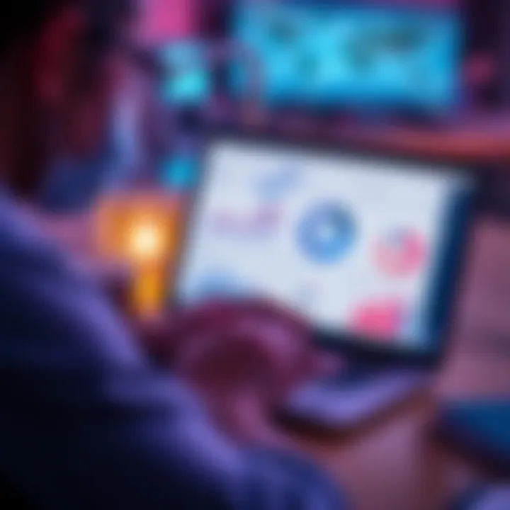 A person considering their options for boosting social media posts on a laptop, showing charts and engagement metrics.