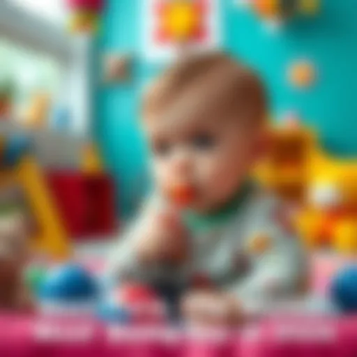Baby Pete sitting in a colorful play area surrounded by toys, looking bored and unimpressed, while a parent tries to engage him with a rattle