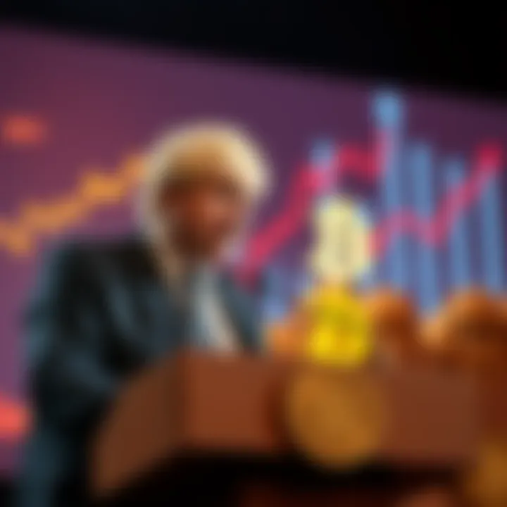 Boris Johnson speaking about Bitcoin Boris Johnson at a podium discussing Bitcoin, with a backdrop of rising inflation graphics and cardboard collectibles