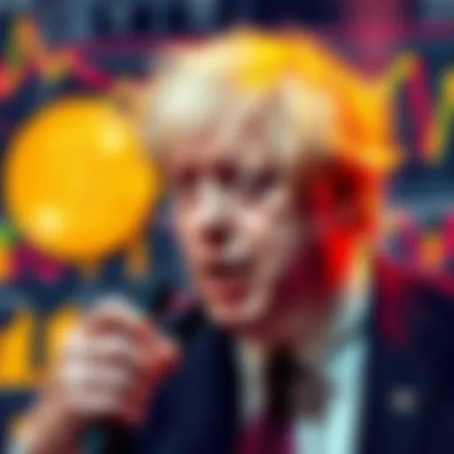 Former UK Prime Minister Boris Johnson speaking critically about Bitcoin, with a backdrop of financial graphics.