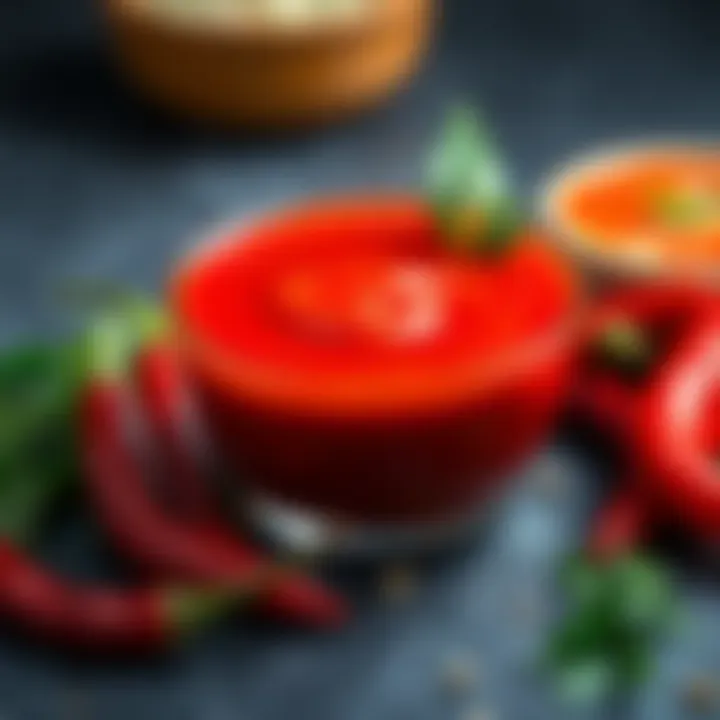 A vibrant bowl of extra chilli sauce with fresh chillies and herbs around it, ready to enhance meals.