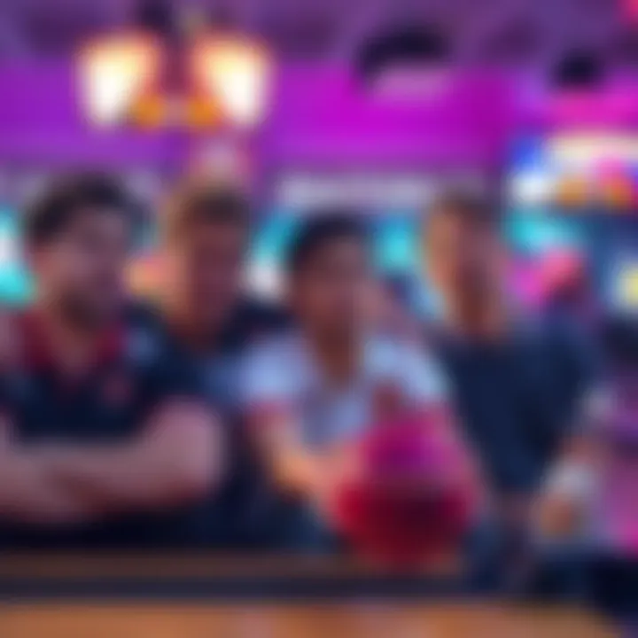 A group of bowlers looking frustrated while their game is interrupted by ads on the screen after a win.