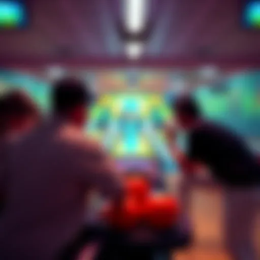 Group of bowlers talking about how winners are chosen in tied matches at a bowling alley