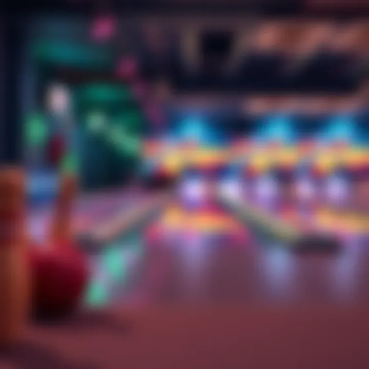 A newly installed bowling lane at home with colorful lights and bowling pins waiting to be used