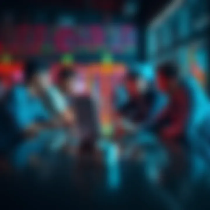 A group of friends talking about their trading strategies over a table with laptops and coffee cups.