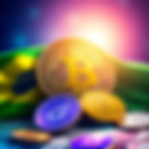 Illustration showing Brazilian currency and stablecoins with a tax symbol, highlighting the proposed tax on stablecoin purchases.