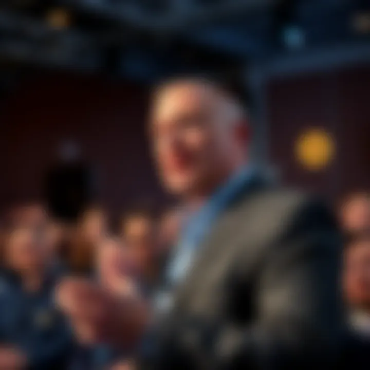 Brian Armstrong speaking at a conference, highlighting Bitcoin's potential price drop in October 2026, with a concerned audience in the background.