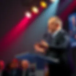 Coinbase CEO Brian Armstrong speaking at a podium, expressing his views against charity