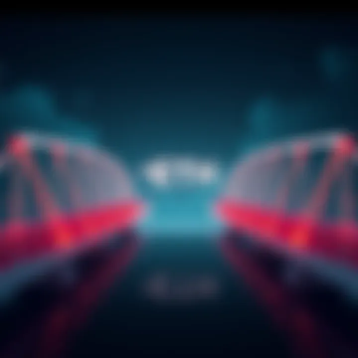 Visual representation of a digital bridge connecting Ethereum and Solana with arrows indicating transfer flow