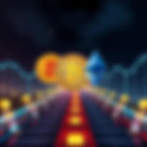 Graphic illustrating the process of transferring Bitcoin to Ethereum with symbols of both cryptocurrencies and a bridge