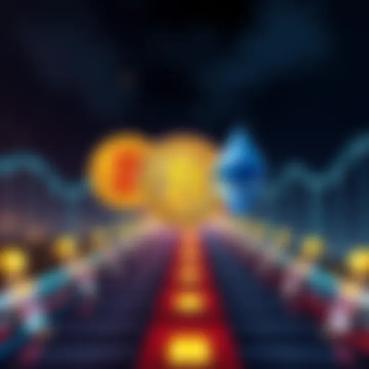 Graphic illustrating the process of transferring Bitcoin to Ethereum with symbols of both cryptocurrencies and a bridge