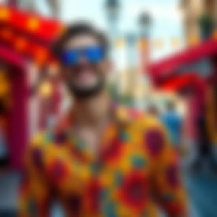 Person wearing a vibrant and colorful casual shirt, smiling and enjoying the day.