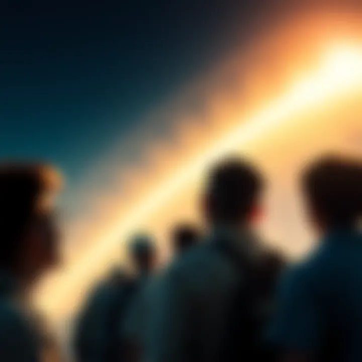 A group of people gazing towards a bright horizon, symbolizing hope and anticipation for future developments.