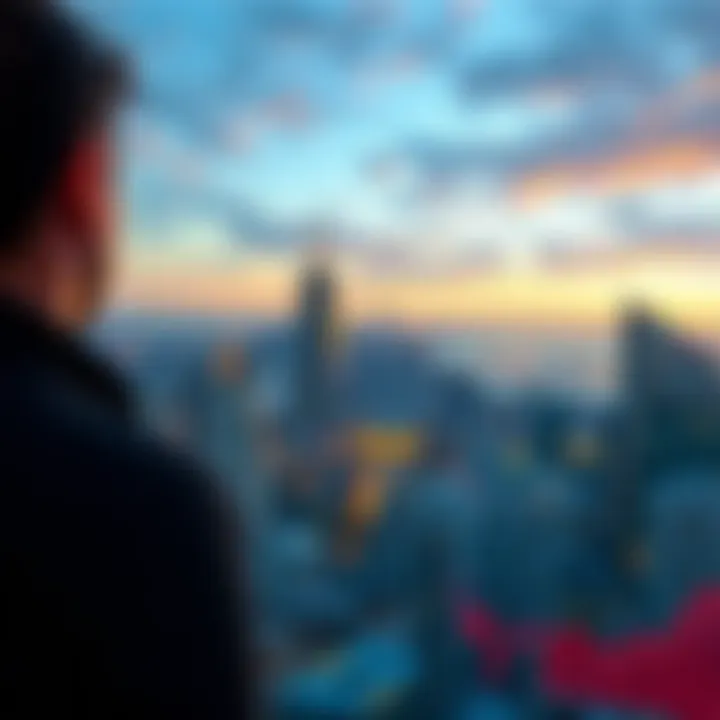 A person looking at a wide view of a city skyline with charts and graphs in the foreground, symbolizing a fresh perspective on market trends.