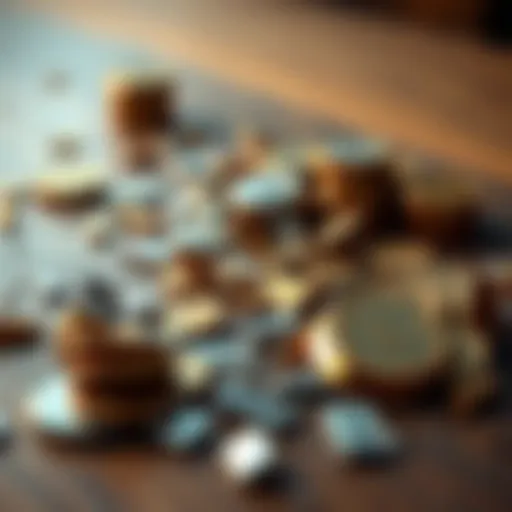 A close-up of scattered broken coins on a wooden table, symbolizing loss and disappointment in a failed transaction.
