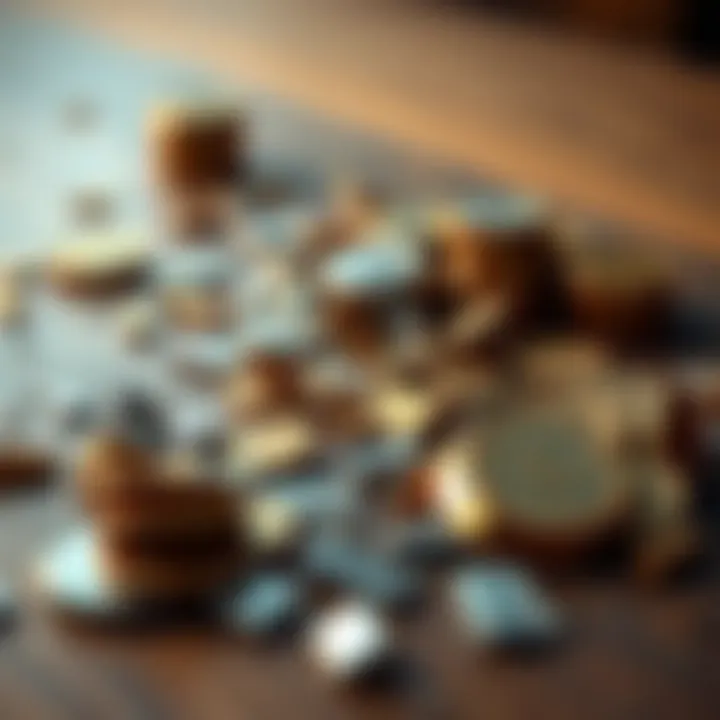 A close-up of scattered broken coins on a wooden table, symbolizing loss and disappointment in a failed transaction.