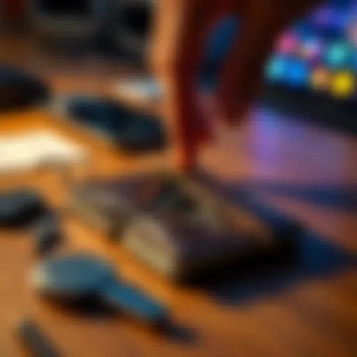 A close-up of a broken hardware wallet lying on a table with a worried hand reaching for it