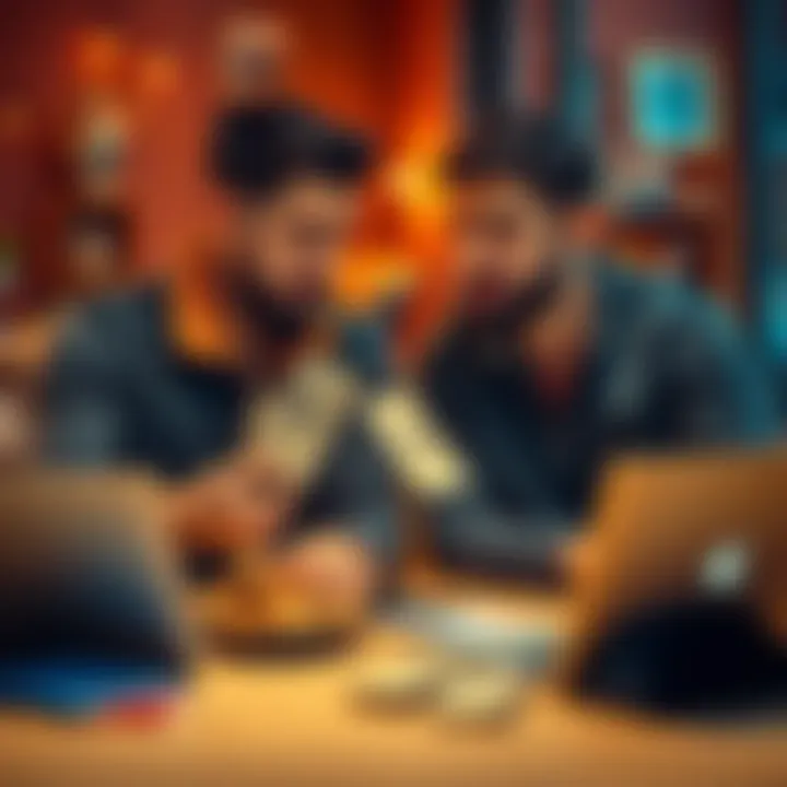 A man talking to his brother about an online money-making strategy, with dollar bills in hand and a laptop on the table