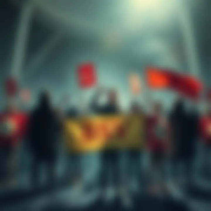 A group of BSV supporters standing together, holding banners displaying symbols of faith and light, contrasting with shadowy figures in the background representing their opponents.