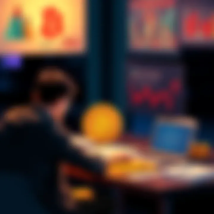 A person sitting at a table, considering options for securing a loan with Bitcoin, surrounded by charts and a laptop.